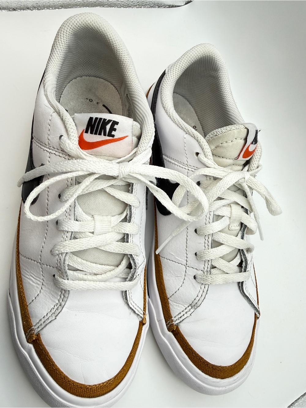Nike court White Sneakers with Black Swoosh and Brown Trim - Picture 3 of 7